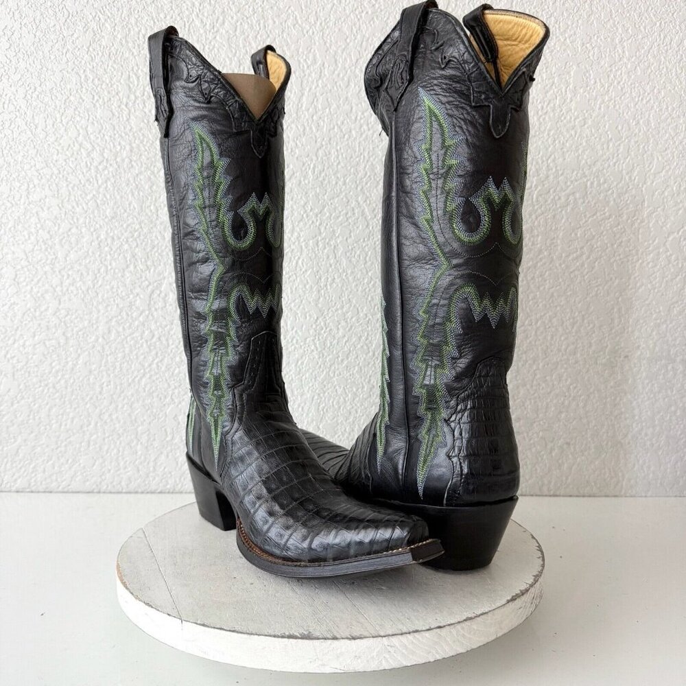 Rod Patrick Womens Cowboy Boots Black Caiman Western Cowgirl Tall Snip Toe 8.5AA
